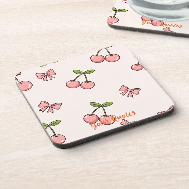 Cute Pink Cherries & Bows Seamless Pattern Beverage Coaster (Left Side)