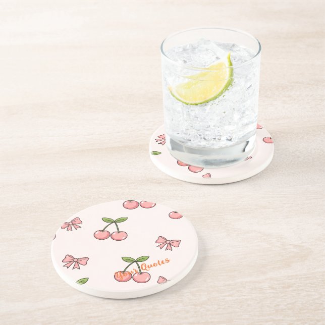 Cute Pink Cherries & Bows Seamless Pattern Coaster (Side)