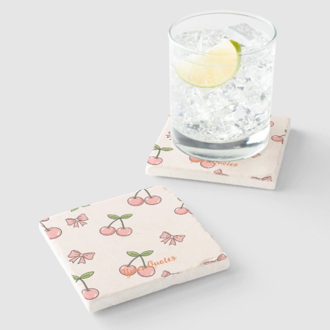 Cute Pink Cherries & Bows Seamless Pattern Stone Coaster (Side)