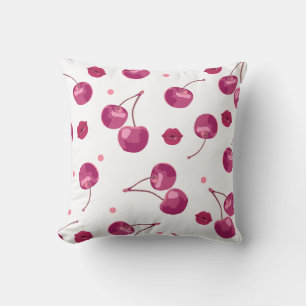 Cute Pink Cherry and Lips Pattern Aesthetic Throw Pillow