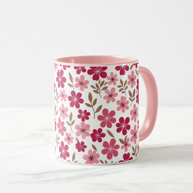 Cute Pink Cherry Blossom Floral Pattern Two-Tone Mug (Front Right)
