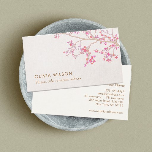 Customizable Cute Pink Flower Blossoms Linen Look Whimsical Business Card Templates