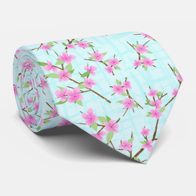 Cute pink cherry blossoms tiled neck tie (Rolled)