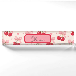 Cute Pink Cherry Bow Coquette Back to School 2027  Desk Name Plate