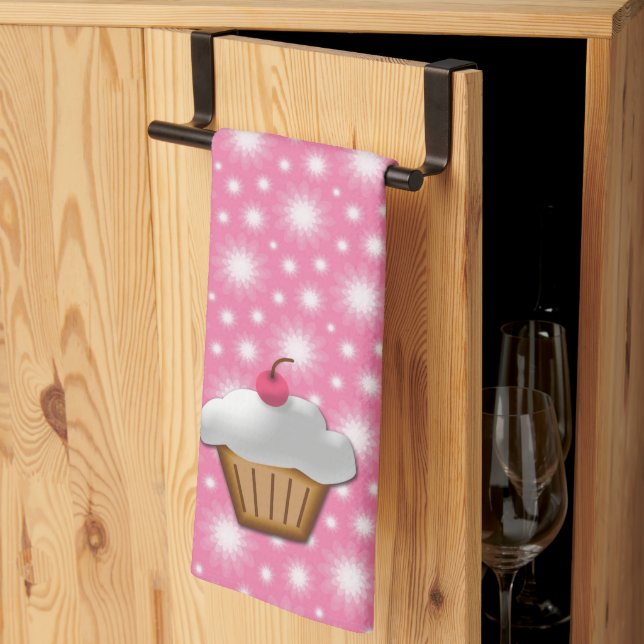 Cute Pink Cherry Cupcake Kitchen Towel (Thirds Fold)