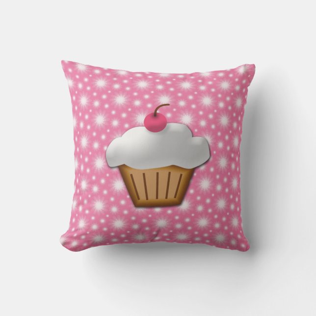 Cute Pink Cherry Cupcake Throw Pillow (Front)