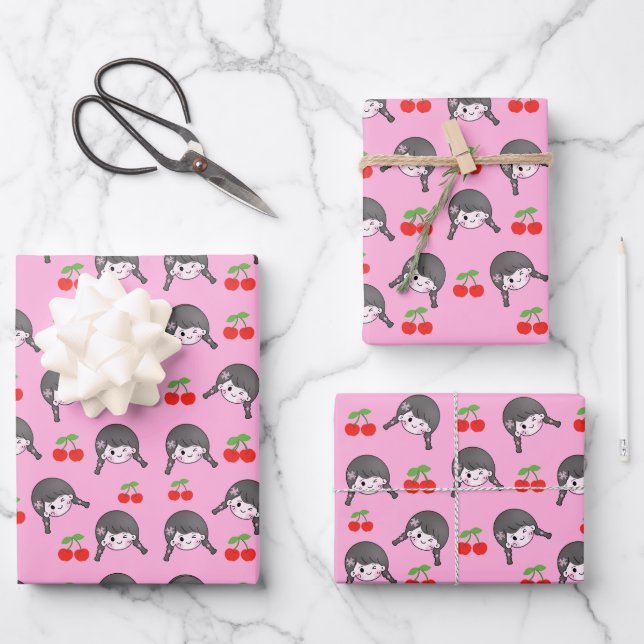 Cute pink cherry Girl Wrapping Paper Sheets (Front)