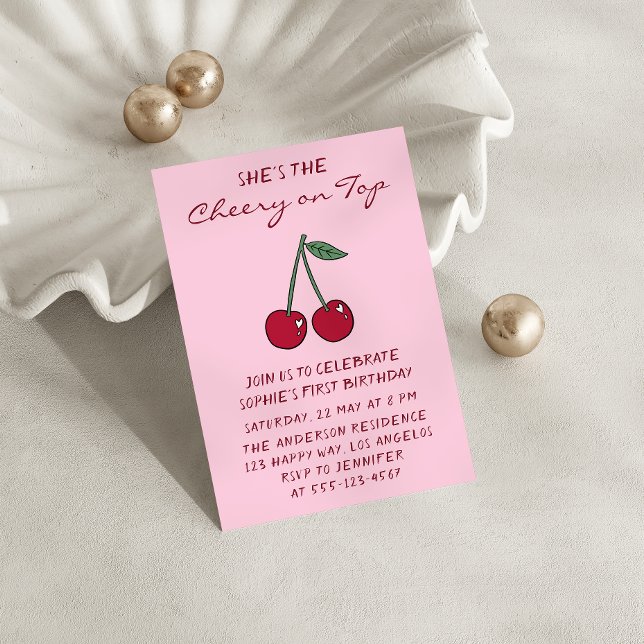 Cute Pink Cherry on Top First Birthday Invitation (Creator Uploaded)