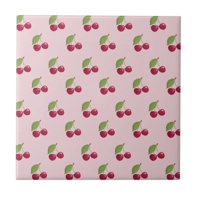 Cute Pink Cherry Pattern Ceramic Tile (Front)