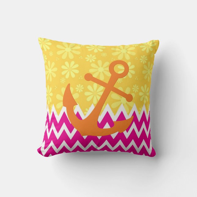 Cute Pink Chevrons With Girly Orange Anchor Throw Pillow (Front)