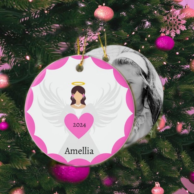 Cute Pink Christmas Angel Heart Custom Photo Name Ceramic Ornament (Angel Ornament with pink fuchsia heart & custom photo, name & year for a Christmas tree keepsake.)