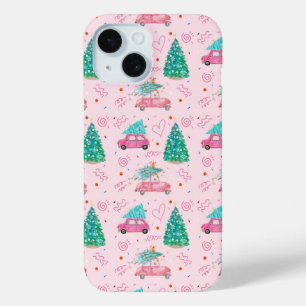 Cute Pink Christmas Car Tree Seamless Pattern iPhone 15 Case