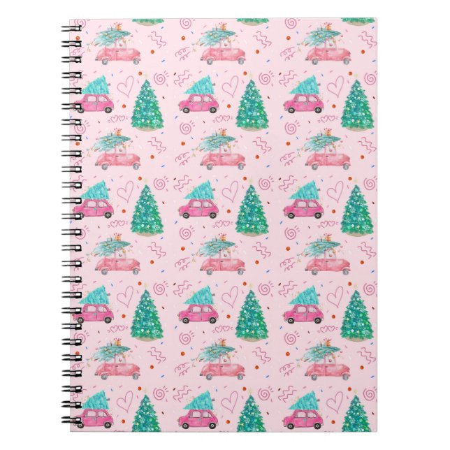 Cute Pink Christmas Car Tree Seamless Pattern Notebook (Front)