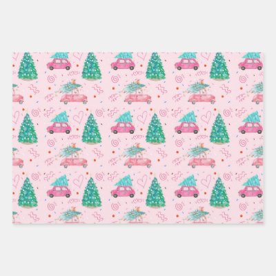 Cute Pink Christmas Car Tree Seamless Pattern Wrapping Paper Sheets