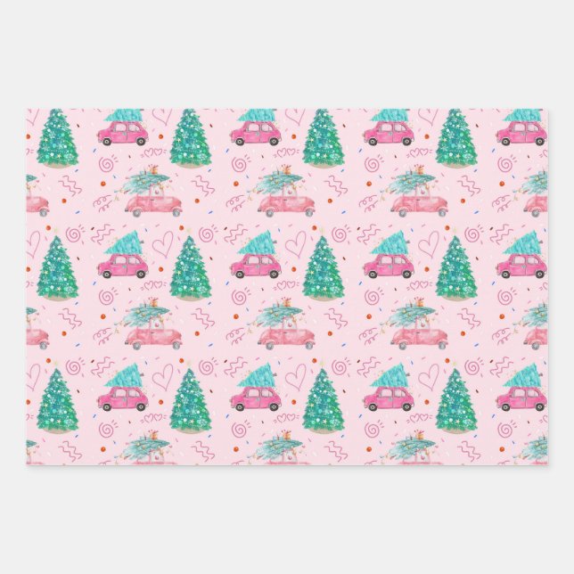 Cute Pink Christmas Car Tree Seamless Pattern Wrapping Paper Sheets (Front)