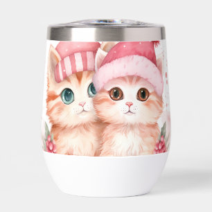 Cute Pink Christmas Cat Pattern Thermal Wine Tumbler