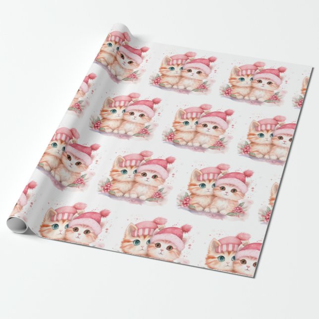 Cute Pink Christmas Cat Pattern Wrapping Paper (Unrolled)
