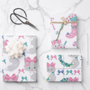 Cute Pink Christmas Cats Wrapping Paper Sheets