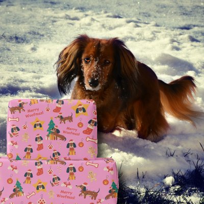 Cute Pink Christmas Dachshund Merry Woofmas Wrapping Paper