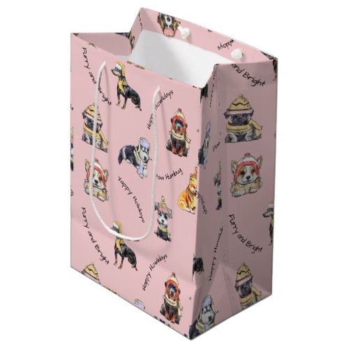 Cute Pink Christmas Dogs Pattern Illustrated  Medium Gift Bag