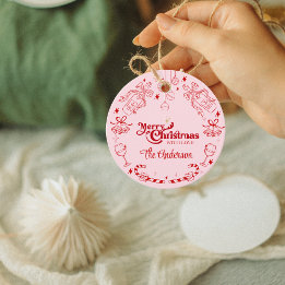 Cute pink christmas doodle custom family name favor tags
