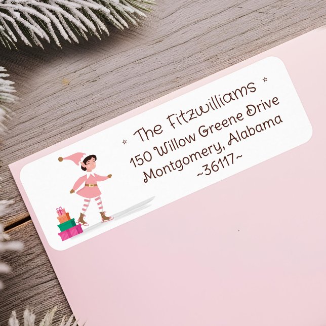 Cute Pink Christmas Elf Ice Skating  Label (Cute Pink Christmas Elf Ice Skating Label)