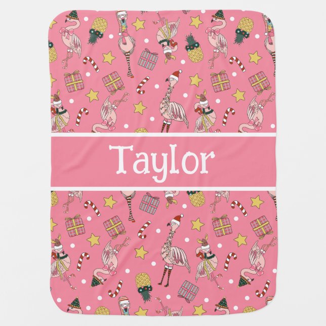 Cute Pink Christmas Flamingo and Pineapple Pattern Baby Blanket (Front)
