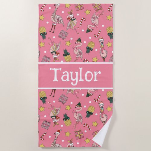 Cute Pink Christmas Flamingo and Pineapple Pattern Beach Towel