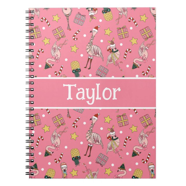 Cute Pink Christmas Flamingo and Pineapple Pattern Notebook (Front)