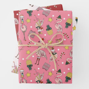 Cute Pink Christmas Flamingo and Pineapple Pattern Wrapping Paper Sheets
