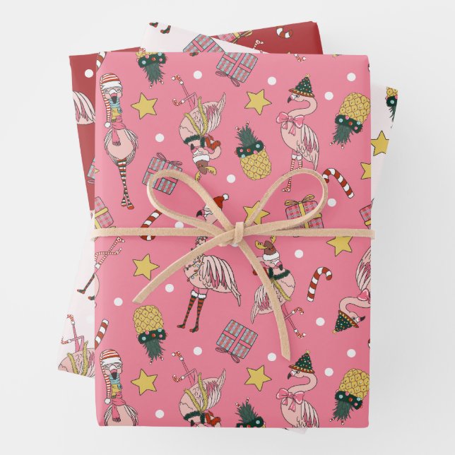 Cute Pink Christmas Flamingo and Pineapple Pattern Wrapping Paper Sheets (In situ)