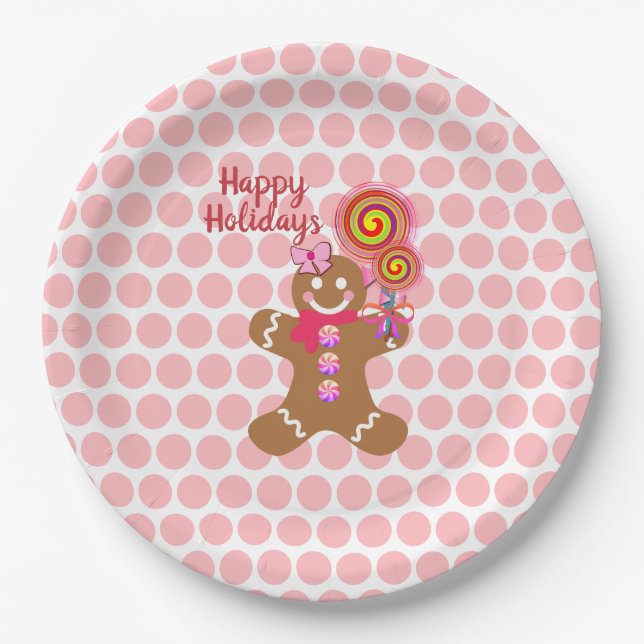 Cute Pink Christmas Gingerbread Girl Holiday Paper Plates (Front)