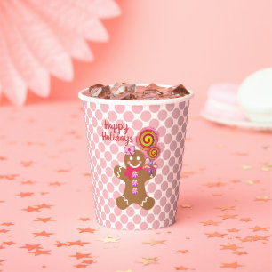 Cute Pink Christmas Gingerbread Girl Holiday Party Paper Cups