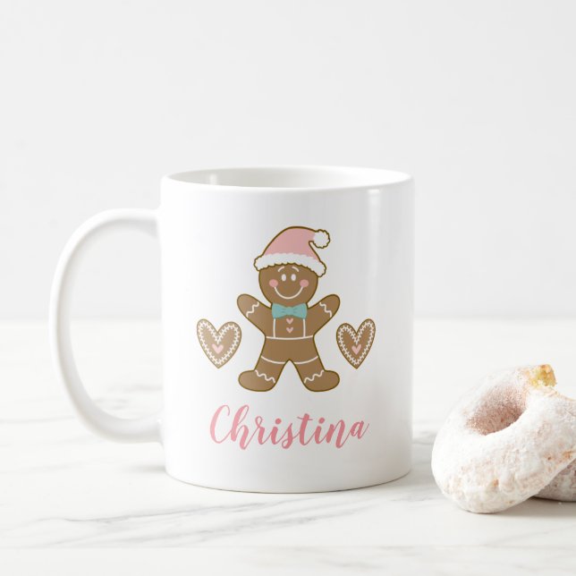 Cute Pink Christmas Gingerbread Man Mug (With Donut)