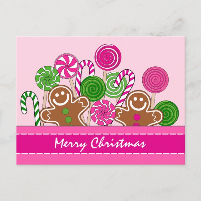 Cute pink Christmas gingerbreads Holiday Postcard (Front)