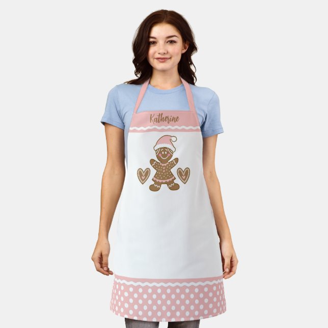 Cute Pink Christmas Girl Gingerbread Cookie Apron (Worn)