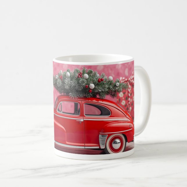 “Cute Pink Christmas Mug – Red Car & Tree Holiday  (Front Right)