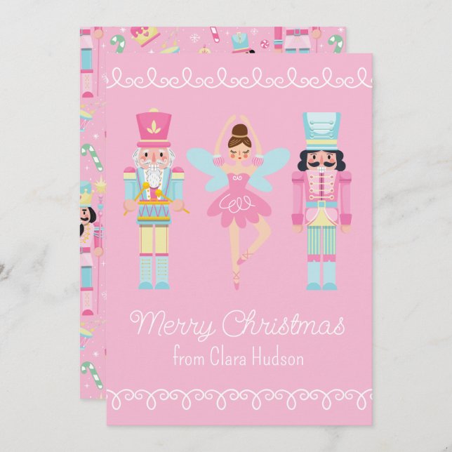 Cute Pink Christmas Nutcracker Holiday Card (Front/Back)