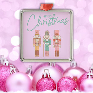 Cute Pink Christmas Nutcrackers on Pink   Metal Ornament