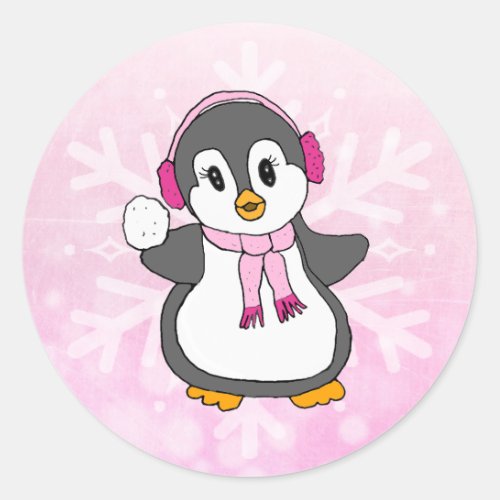 Cute Pink Christmas Penguin with Snowball Holiday Classic Round Sticker