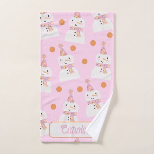 Cute Pink Christmas Polka Dot Snowman Custom Hand Towel