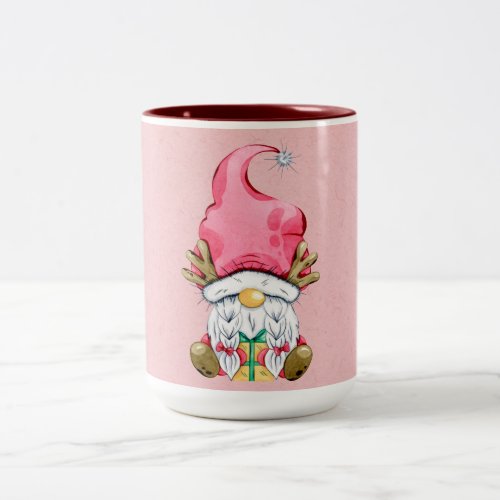 Cute Pink Christmas Reindeer Gnome Two_Tone Coffee Mug