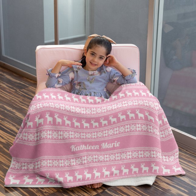 Cute Pink Christmas Reindeer Pattern Personalized Fleece Blanket (Creator Uploaded)