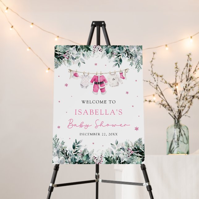 Cute Pink Christmas Santa Baby Shower Welcome Sign (In Situ (Stand))