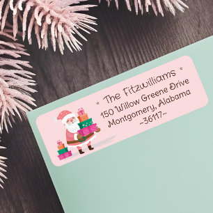 Cute Pink Christmas Santa Claus Holding Presents Label