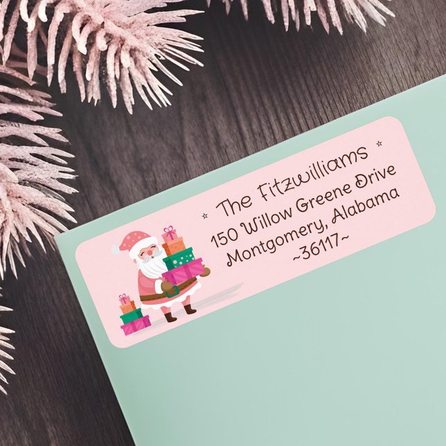 Cute Pink Christmas Santa Claus Holding Presents Label (Cute Pink Christmas Santa Claus Holding Presents Label)