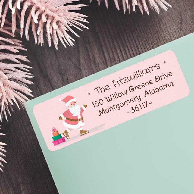 Cute Pink Christmas Santa Claus Ice Skating  Label (Cute Pink Christmas Santa Claus Ice Skating Label)