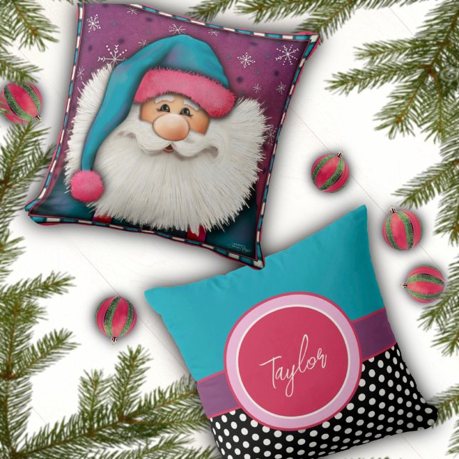 Cute Pink Christmas Santa Personalized Name  Throw Pillow (Creator Uploaded)