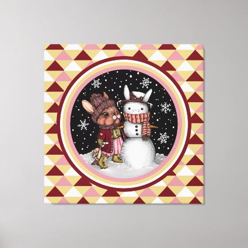 Cute Pink Christmas Snow Bunny Rabbit Illustration Canvas Print