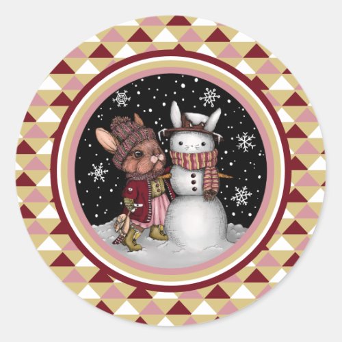 Cute Pink Christmas Snow Bunny Rabbit Illustration Classic Round Sticker